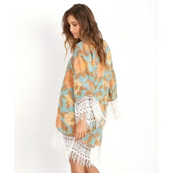 Show Me Your Mumu Floral Kimono Duster Turquoise Coral Lace Fringe Medium - Picture 3 of 12